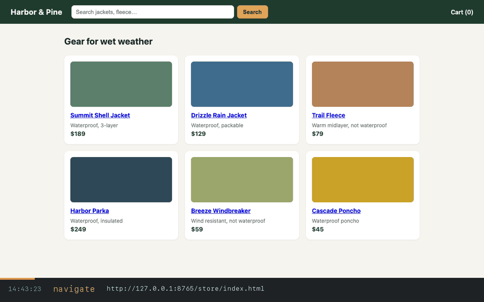 A recorded Slapify run: it shops a demo store, compares jackets, picks a size and adds one to the cart.